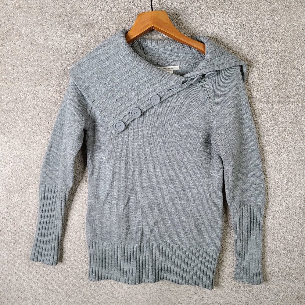 Covington Sweater Womens M Gray‎ Button Collar Knit Ribbed Long Sleeve Pullover